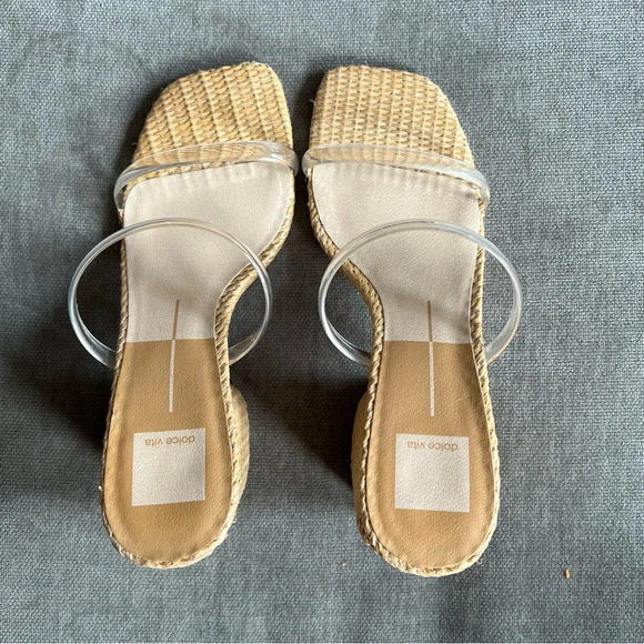 Dolce Vita Natie rattan straw block heel clear strap sandal tan size 8 - Picture 4 of 6